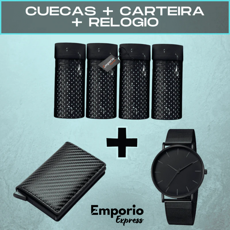 KIT 8 Cuecas Premium Respiráveis + Carteira Slim + Relógio All Black (BRINDES EXCLUSIVOS)