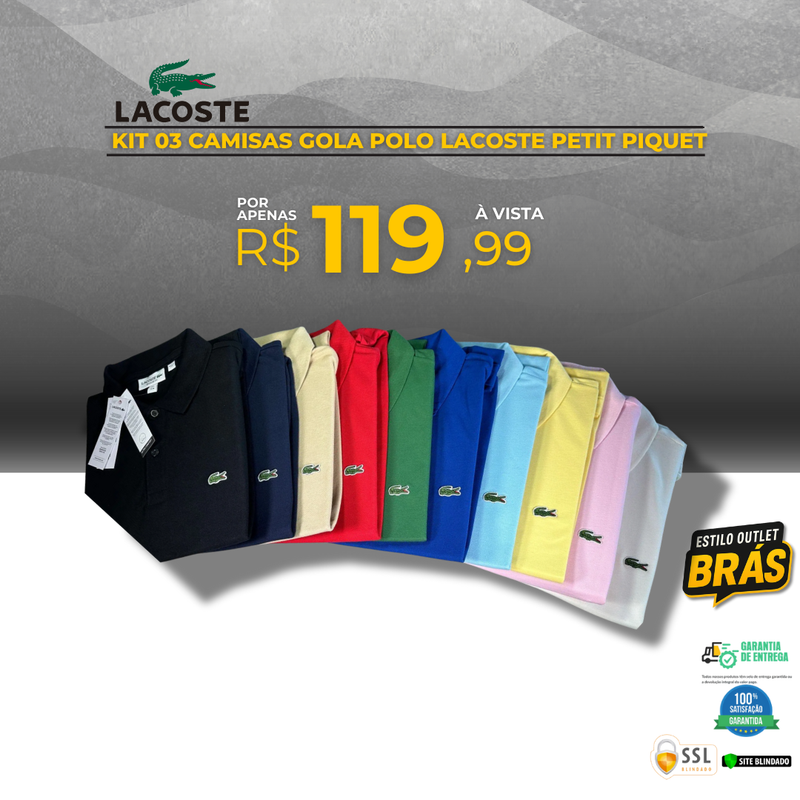 KIT 03 CAMISAS GOLA POLO LACOSTE PETIT PIQUET