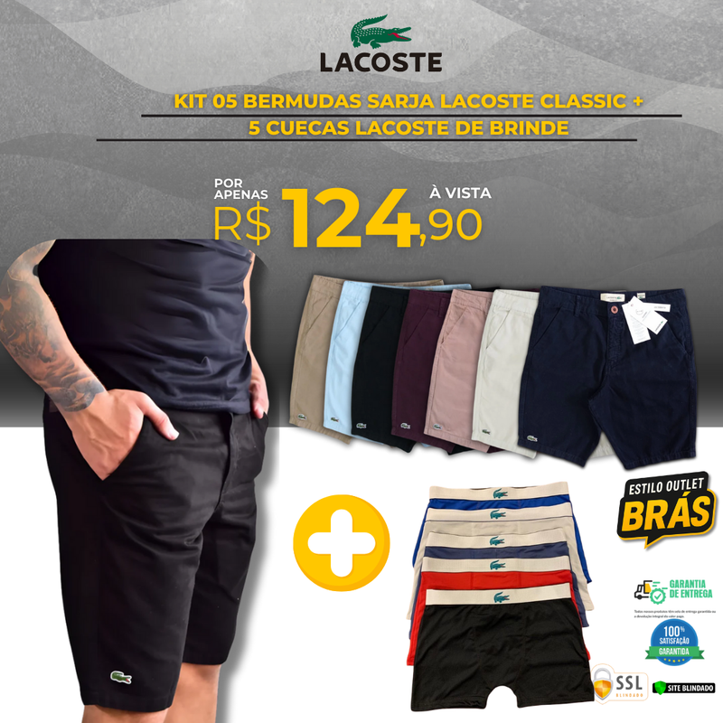 KIT 05 Bermudas Sarja Lacoste Classic + 5 Cuecas Lacoste de Brinde