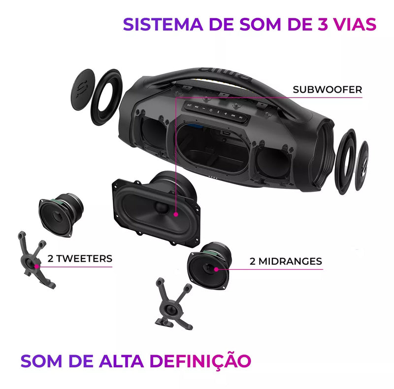 Boombox Aiwa Plus200 w rms Bass Duplos, Luzes de Led Coloridas, Proteção contra àgua+ bolsa de brinde