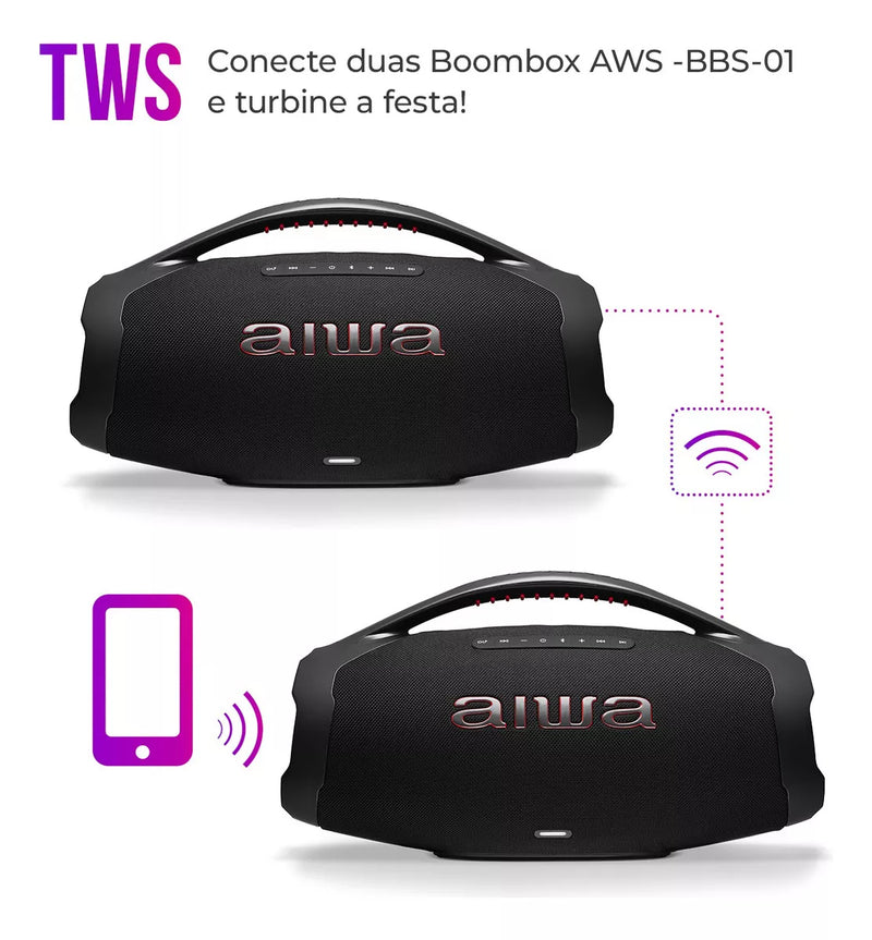 Boombox Aiwa Plus200 w rms Bass Duplos, Luzes de Led Coloridas, Proteção contra àgua+ bolsa de brinde